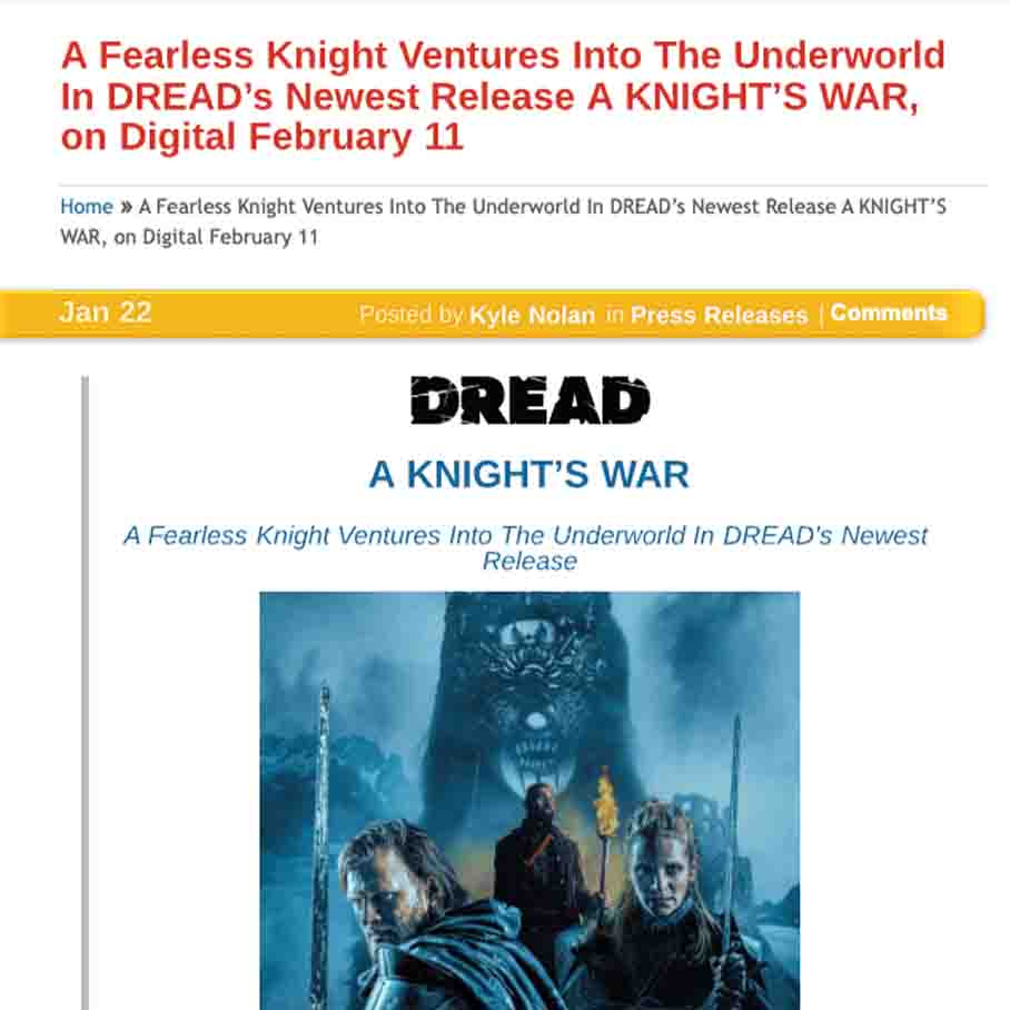 A Fearless Knight Ventures Into The Underworld In DREAD’s Newest Release A KNIGHT’S WAR, on Digital February 11