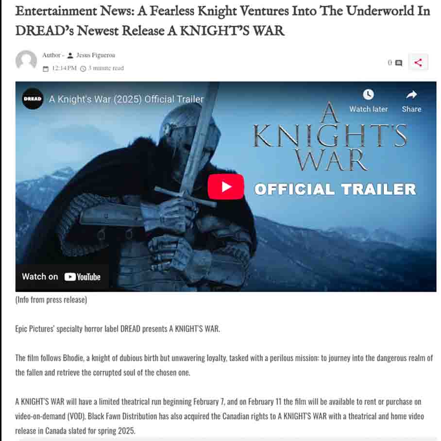 Entertainment News: A Fearless Knight Ventures Into The Underworld In DREAD’s Newest Release A KNIGHT’S WAR