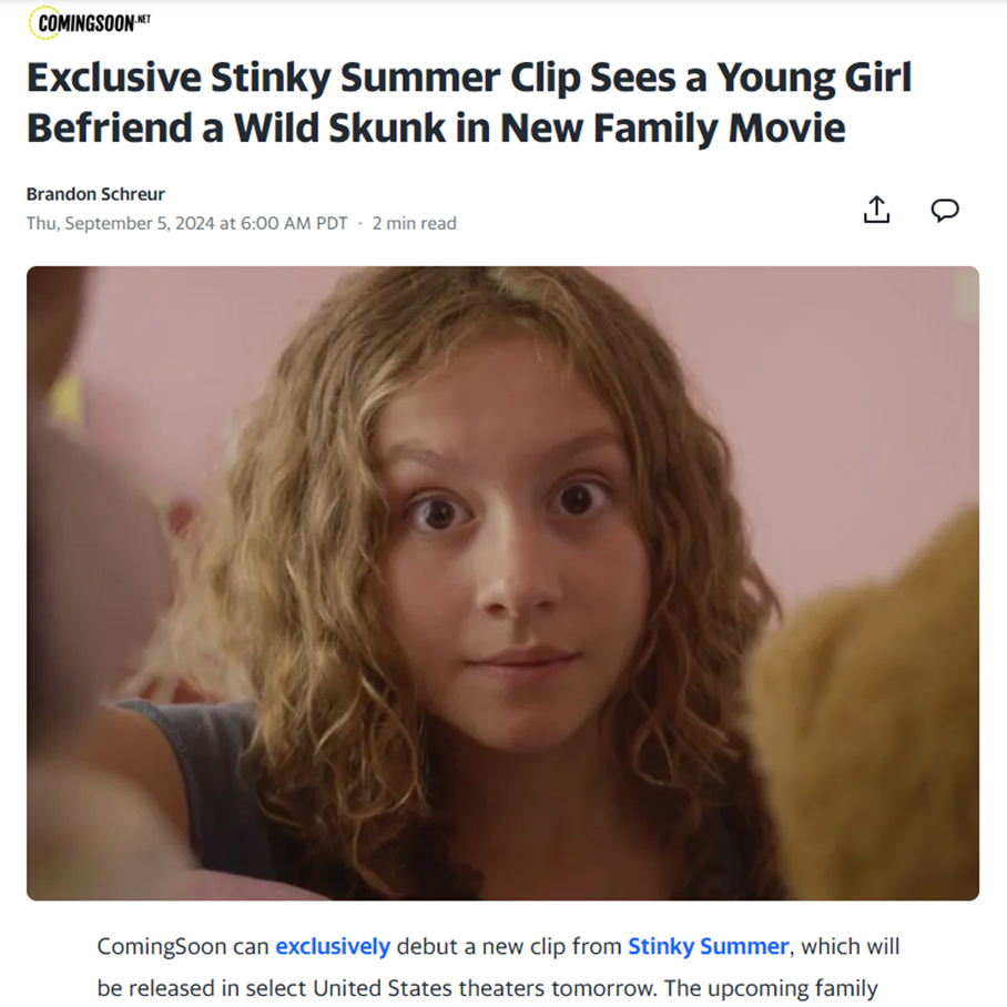 Exclusive Stinky Summer Clip Sees a Young Girl Befriend a Wild Skunk in New Family Movie